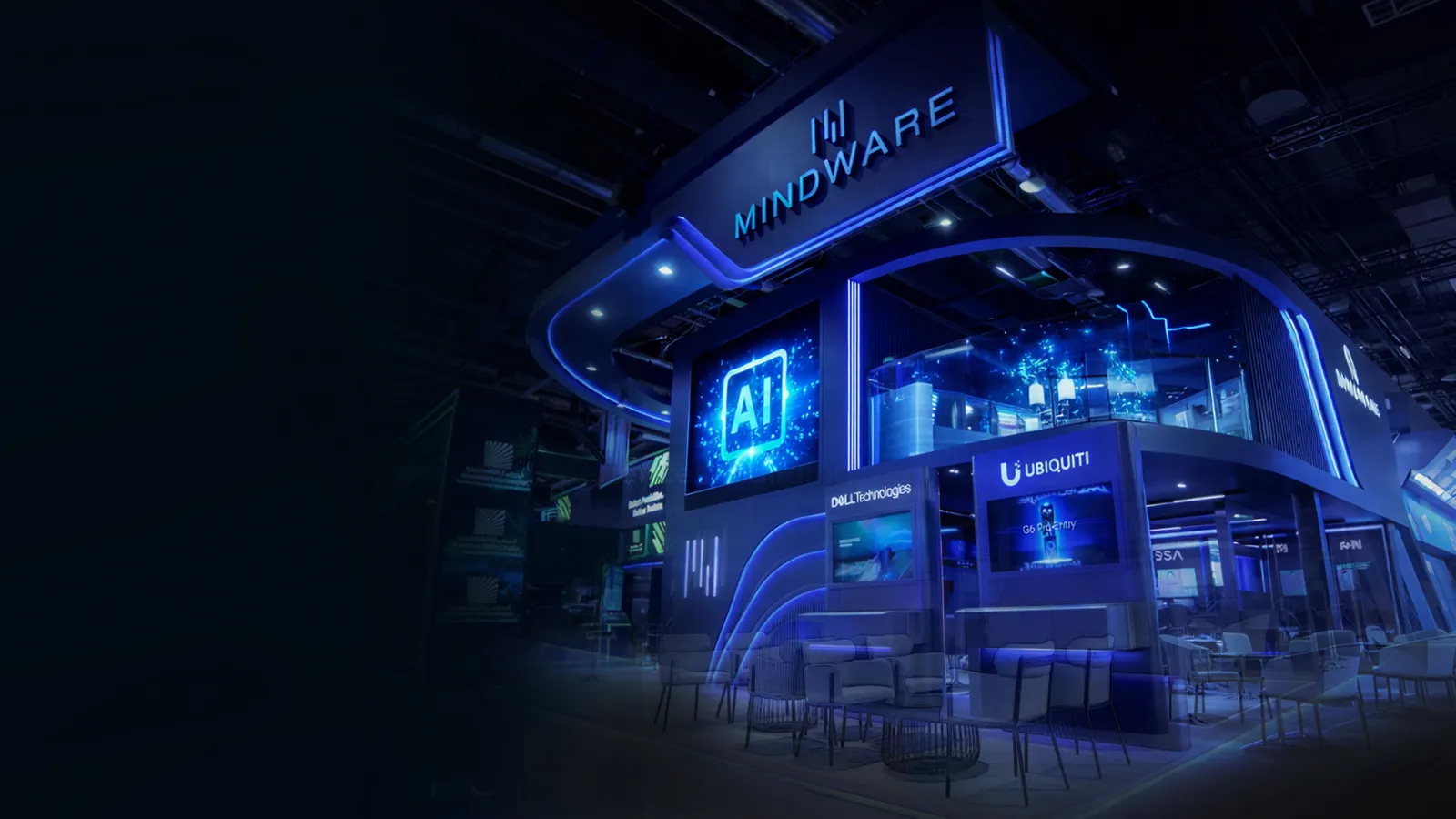 Blue-lit AI technology exhibition stand built by DOT Exhibits
